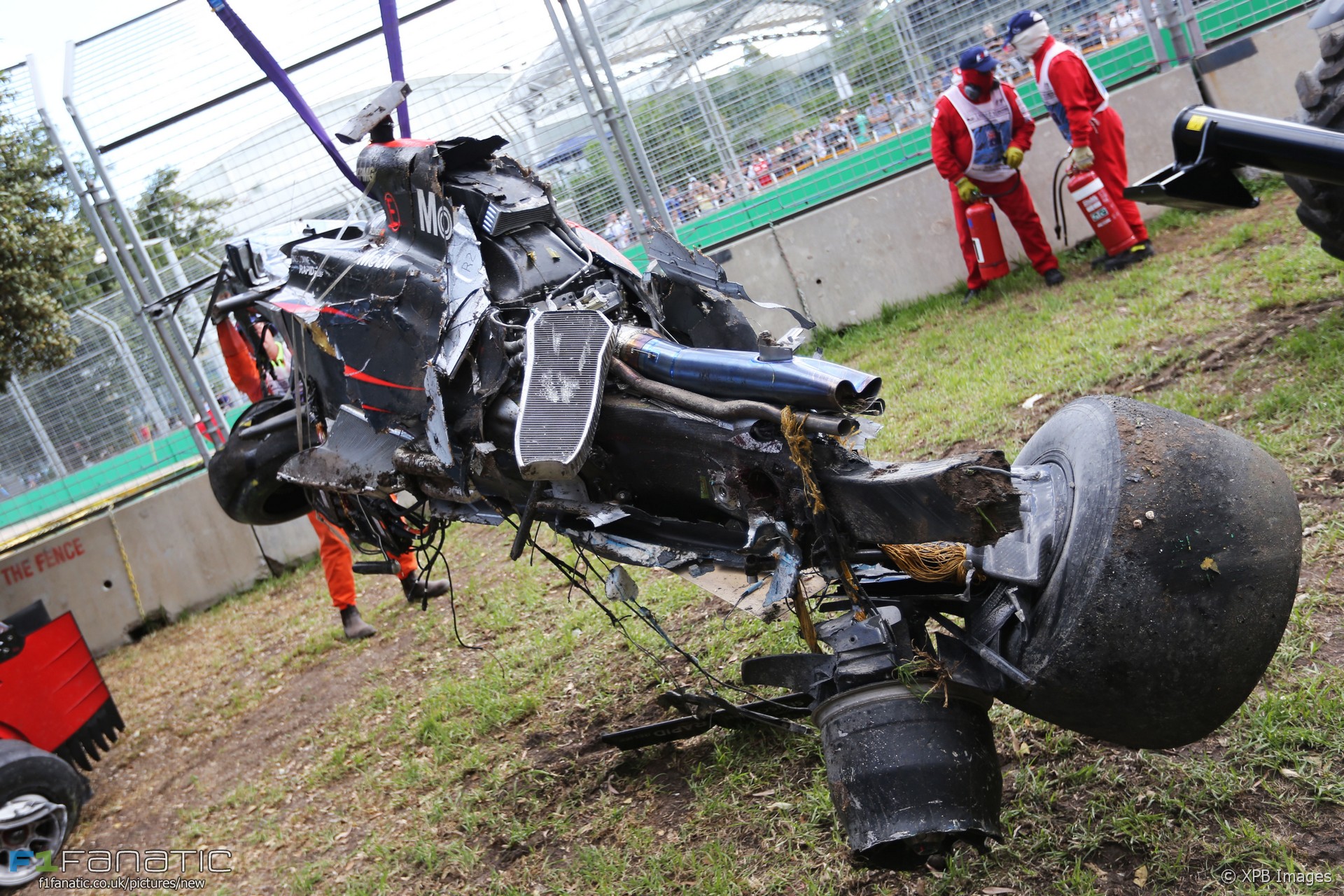 The McLaren MP4-31 of Fernando Alonso (ESP) McLaren after his race stopping crash. 20.03.2016. Formula 1 World Championship, Rd 1, Australian Grand Prix, Albert Park, Melbourne, Australia, Race Day. - www.xpbimages.com, EMail: requests@xpbimages.com - copy of publication required for printed pictures. Every used picture is fee-liable. © Copyright: Charniaux / XPB Images